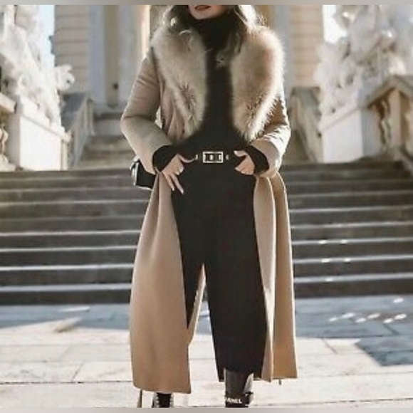 Zara coat wool blend 75% long camel belted rope trench fur collar Manteco - Picture 3 of 15